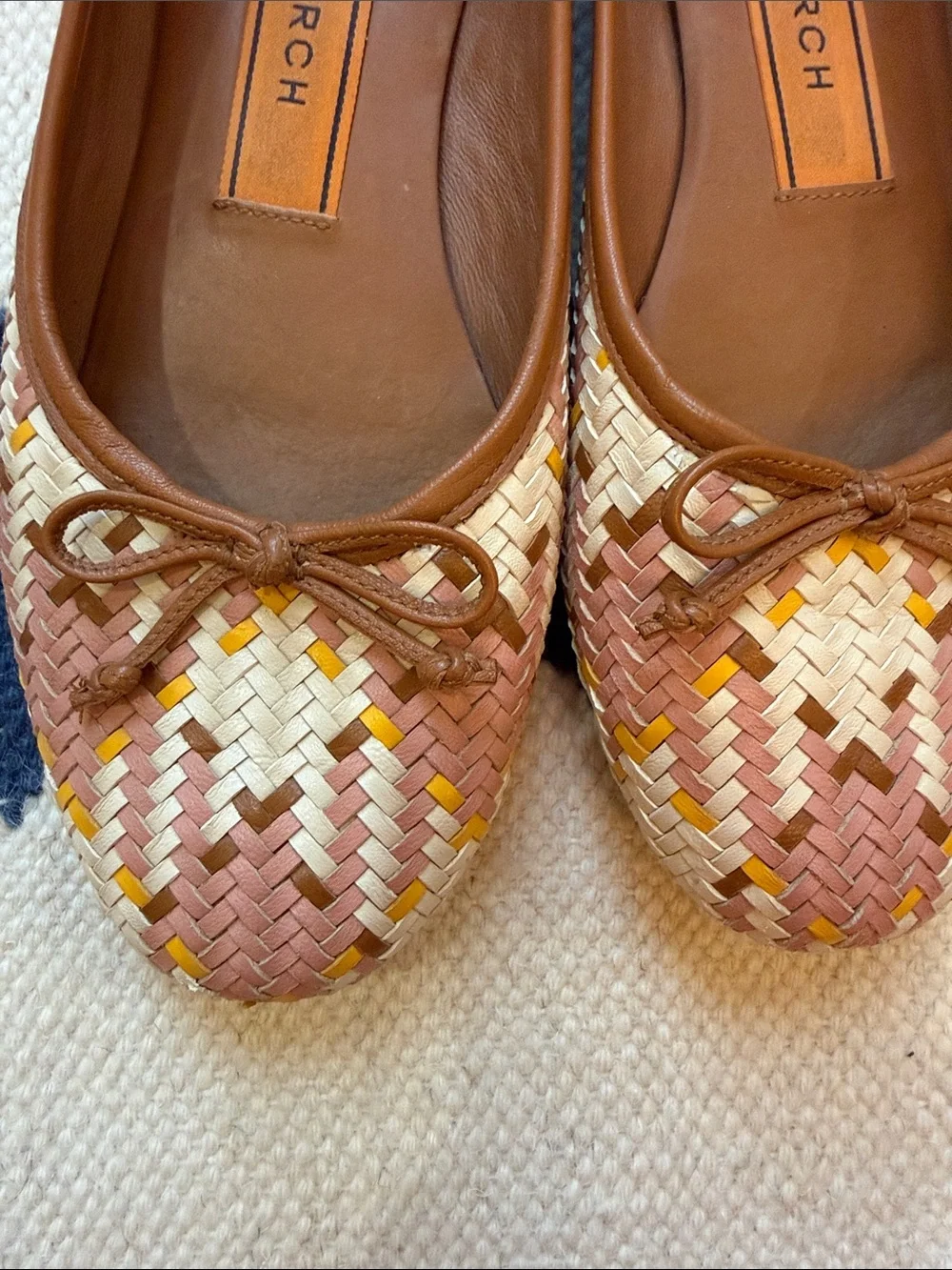 Tory Burch Woven Leather Ballet Flats in Brown, Cream, Yellow, & Pink